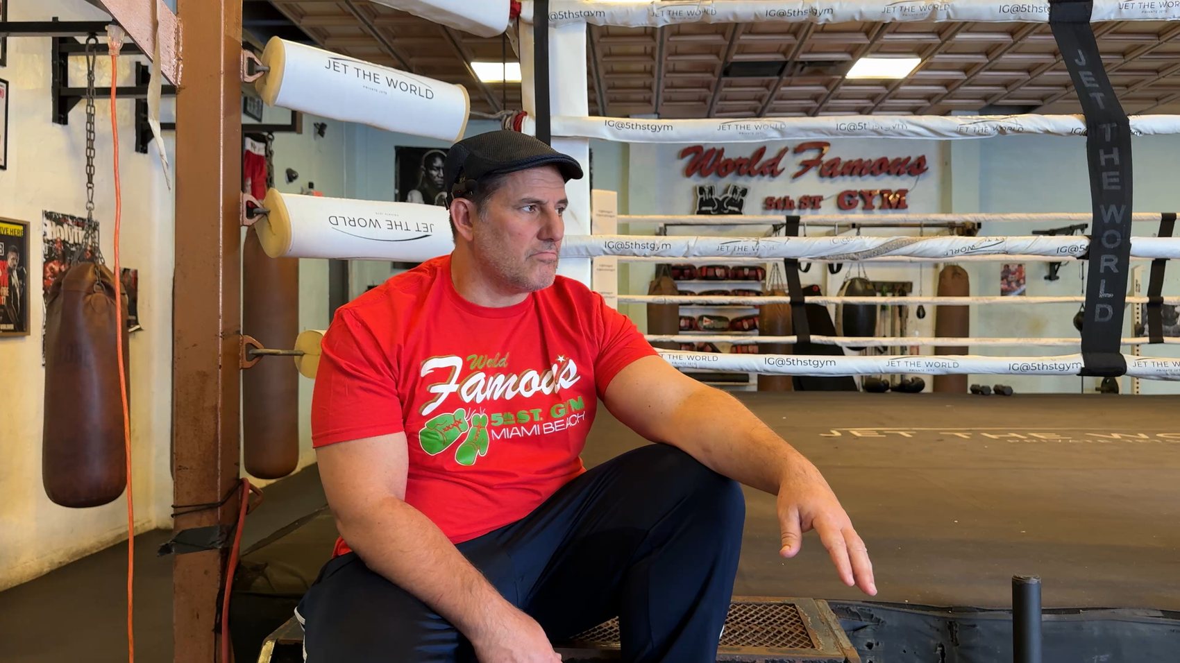 The floor of the World Famous 5th Street Gym in Miami Beach — the ring and the heavy bags.